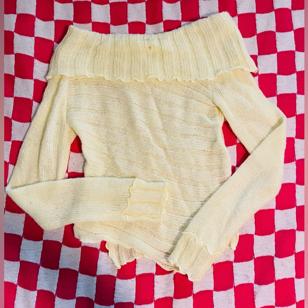 UO Kimchi Blue Off the Shoulder Butter Yellow Knit Asymmetrical Hem Top